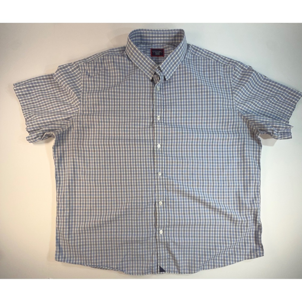 UNTUCKit Mens 3XL Blue White Check Wrinkle Free Short Sleeve Button Down Shirt